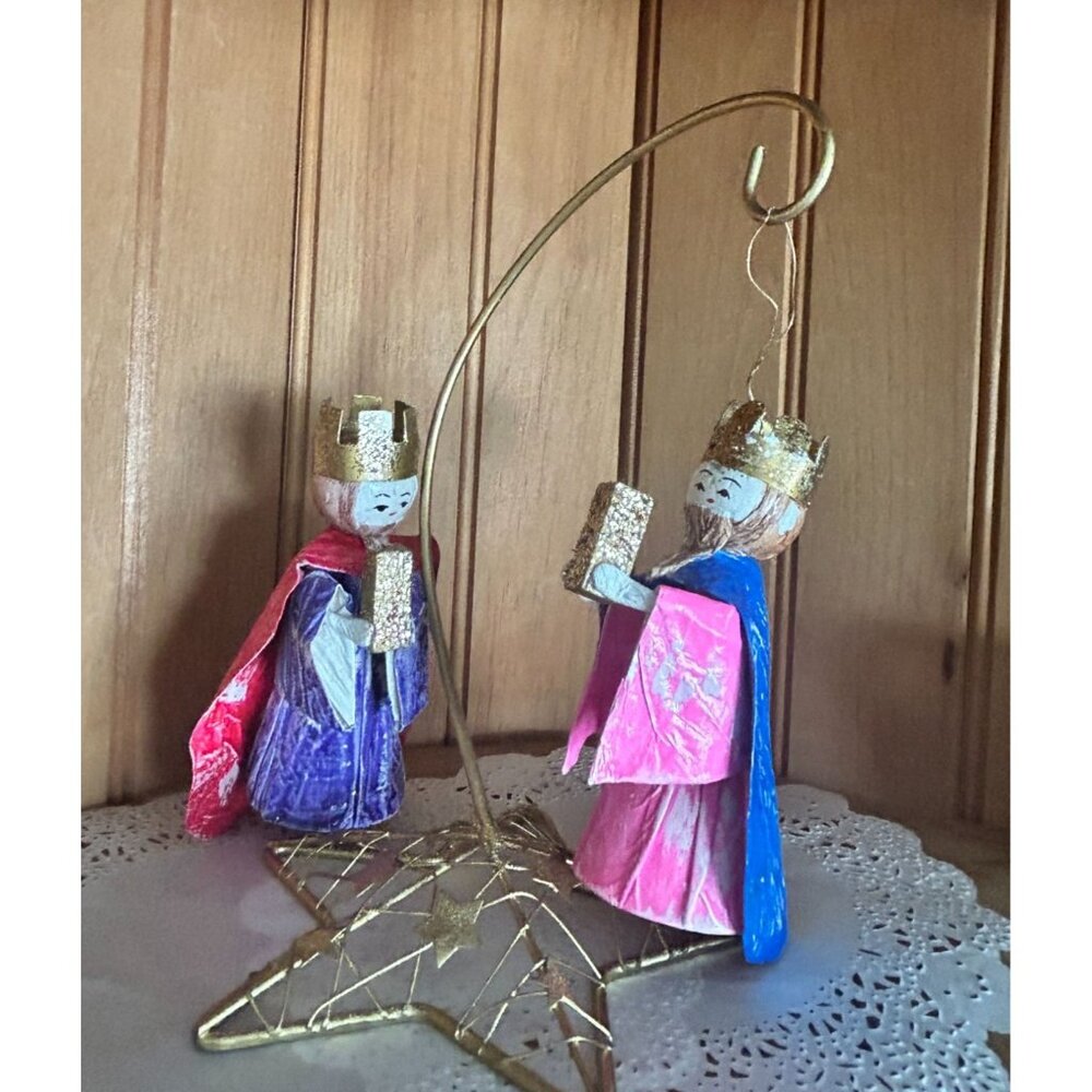Handcrafted Christmas Wise Men Paper Mache Ornaments Glitter Crowns & Gifts Set
